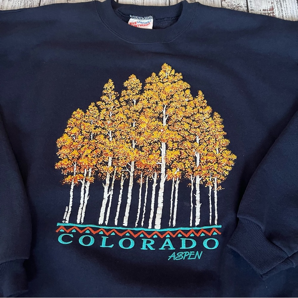 Vintage Aspen Colorado Maiden West Hanes HW Crewneck Sweater Navy Blue Size Lg - Picture 2 of 8